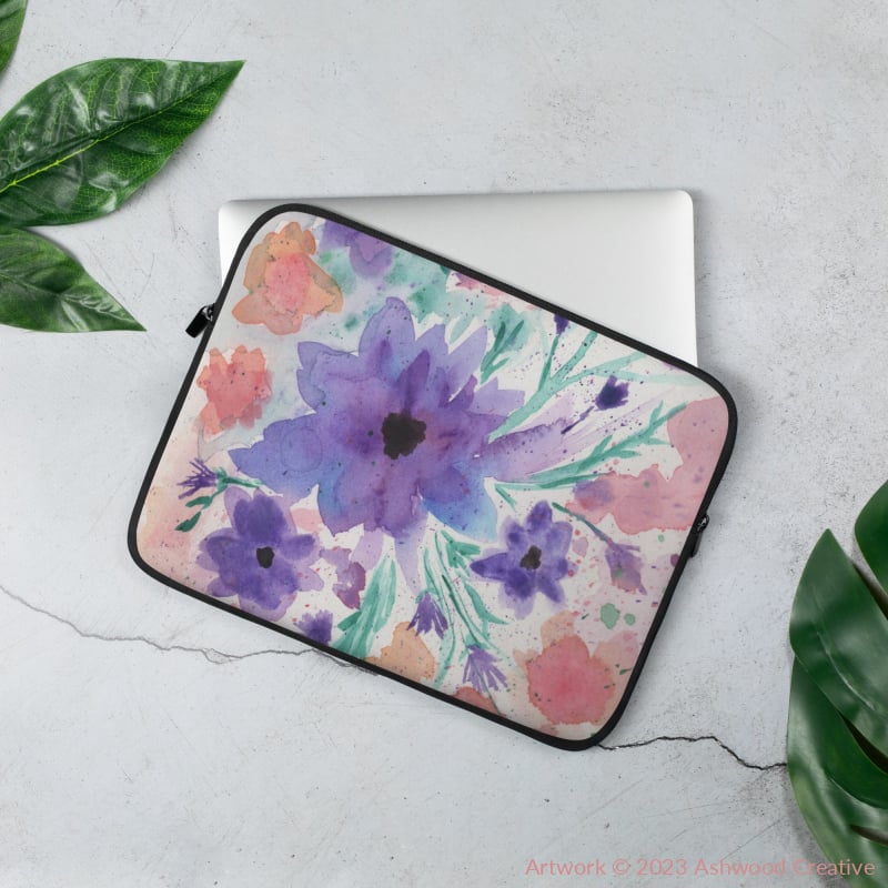 Purple Flowers Watercolor Laptop Sleeve 13