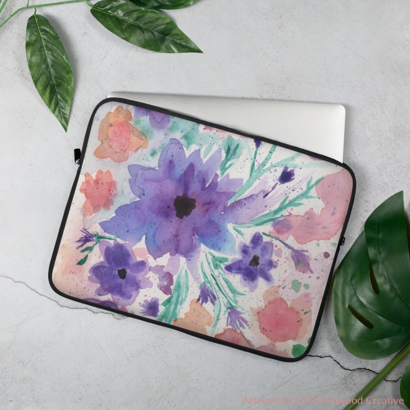 Purple Flowers Watercolor Laptop Sleeve 15