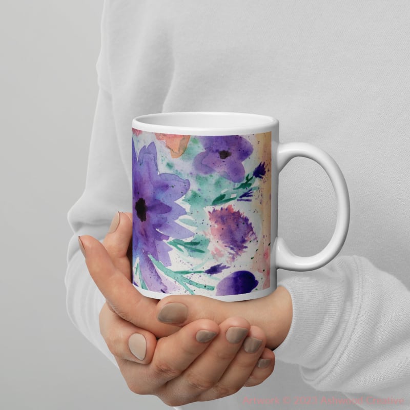 Purple Flowers Watercolor White Glossy Mug 11Oz Mugs