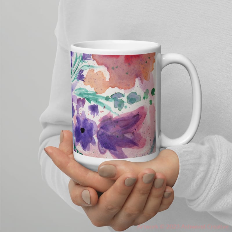 Purple Flowers Watercolor White Glossy Mug 15Oz Mugs