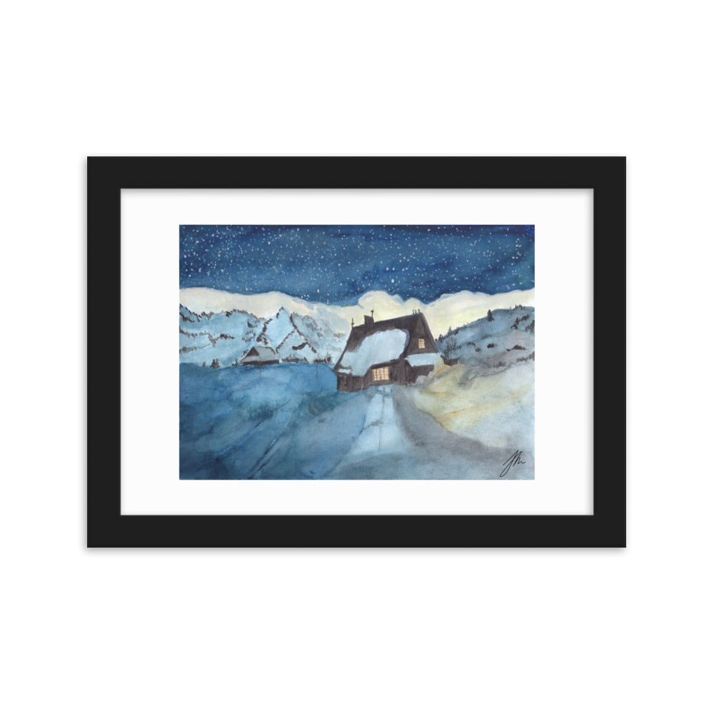 Snowy Chalet Framed matte paper poster