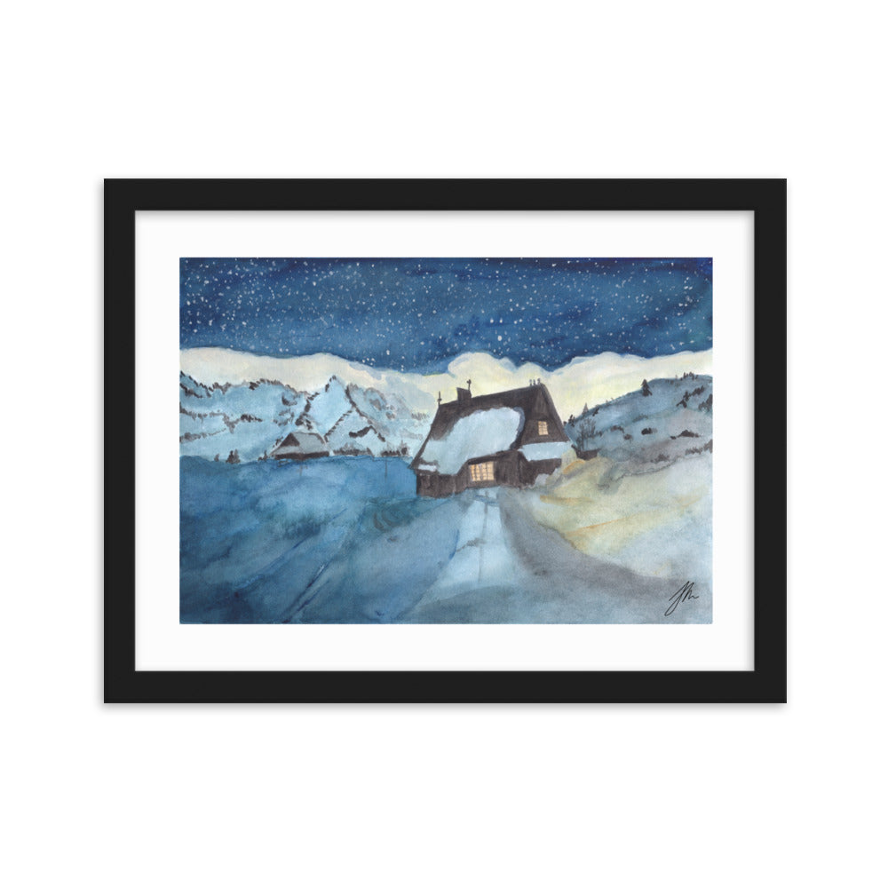 Snowy Chalet Framed matte paper poster