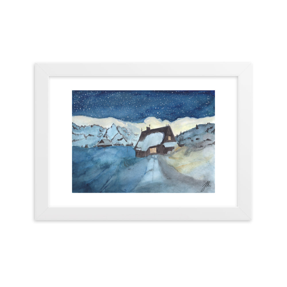 Snowy Chalet Framed matte paper poster